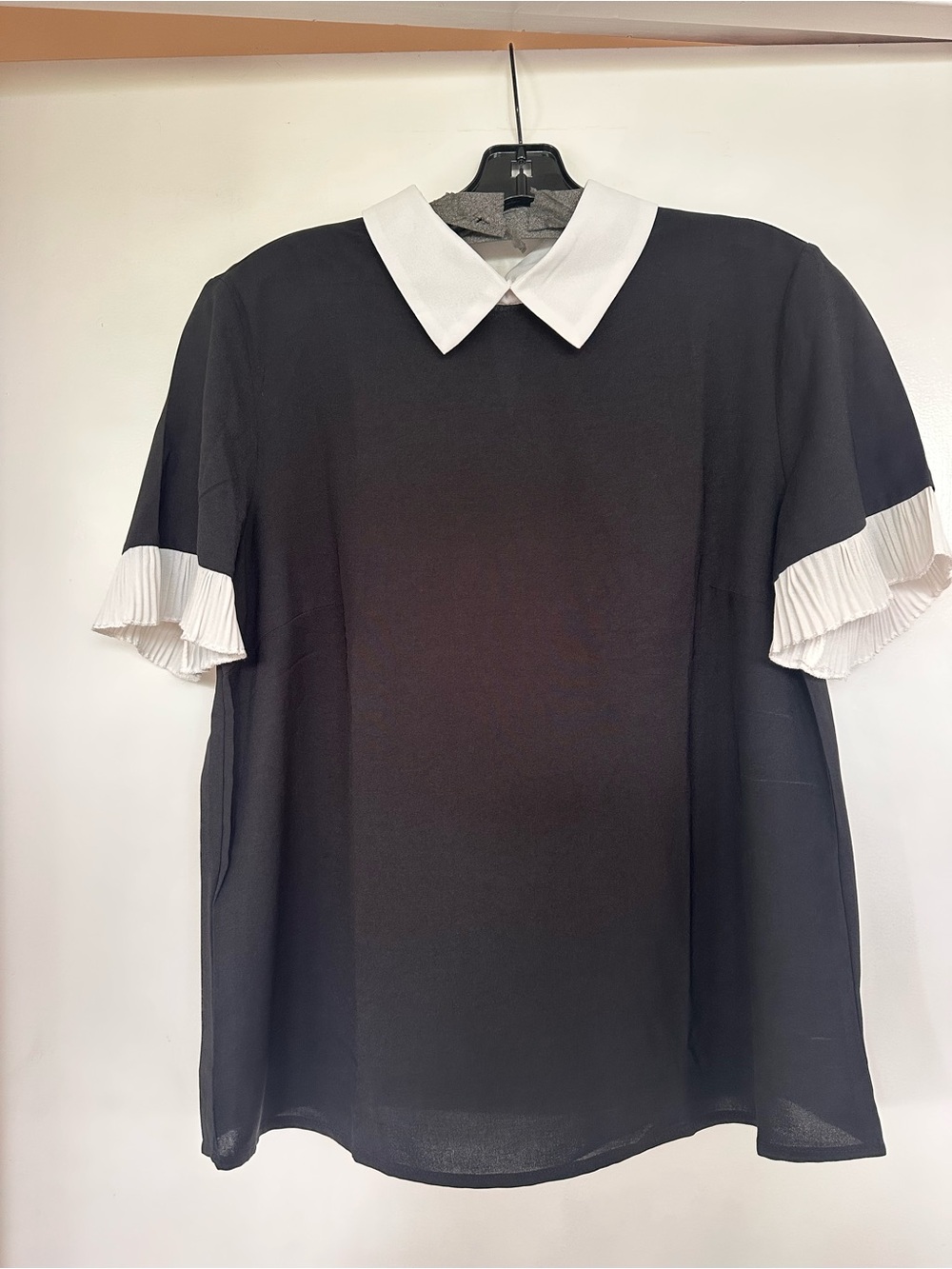 Black Blouse with White Peter Pan Collar and Pleated Sleeve Cuffs